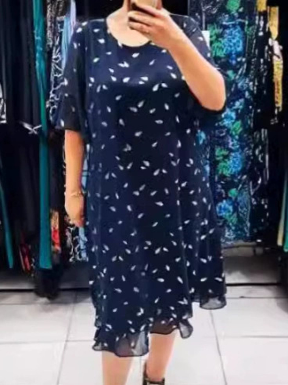 ZARA Plus Size Elegant Chiffon Print Short Sleeve Round Neck Patchwork Dress